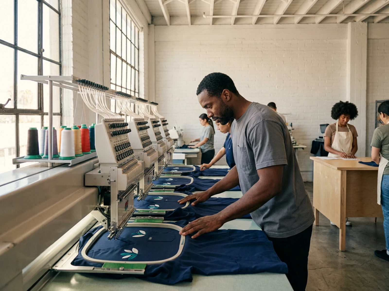 Multi-head embroidery machine stitching an emblem onto the left chest of navy scrub tops