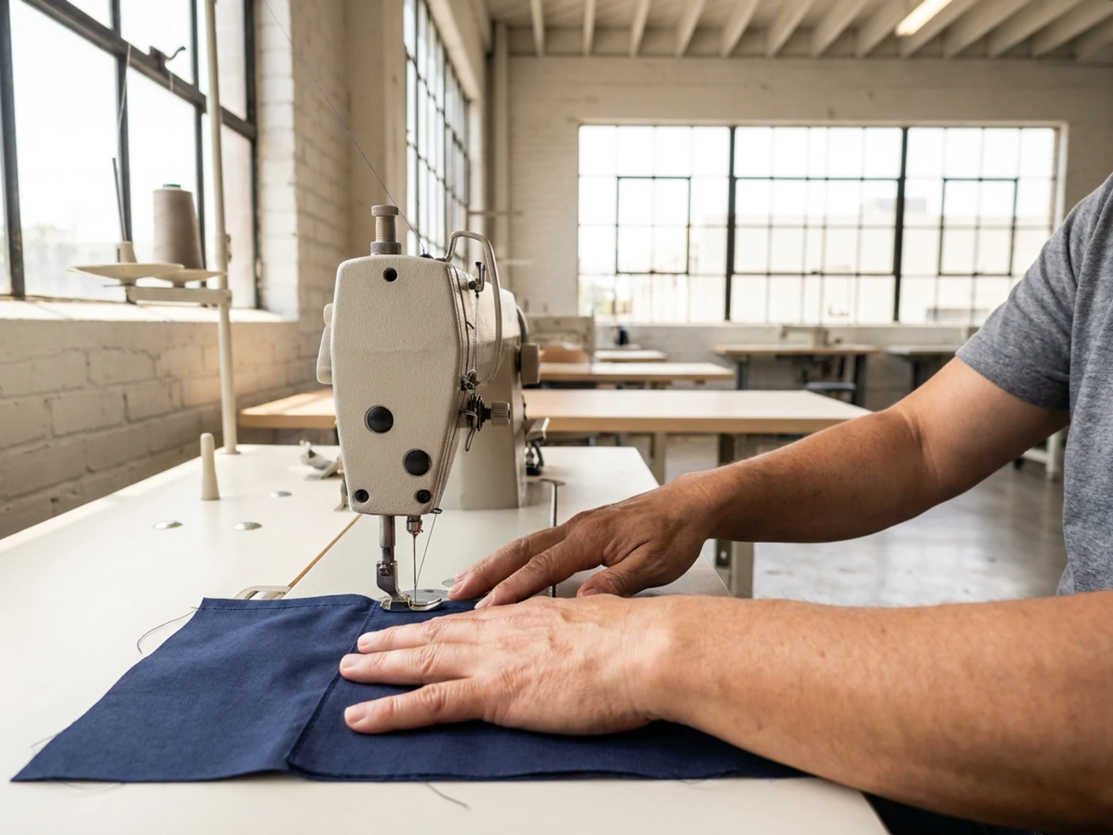 Sewing operator guiding navy scrub fabric under the needle of an industrial lockstitch machine