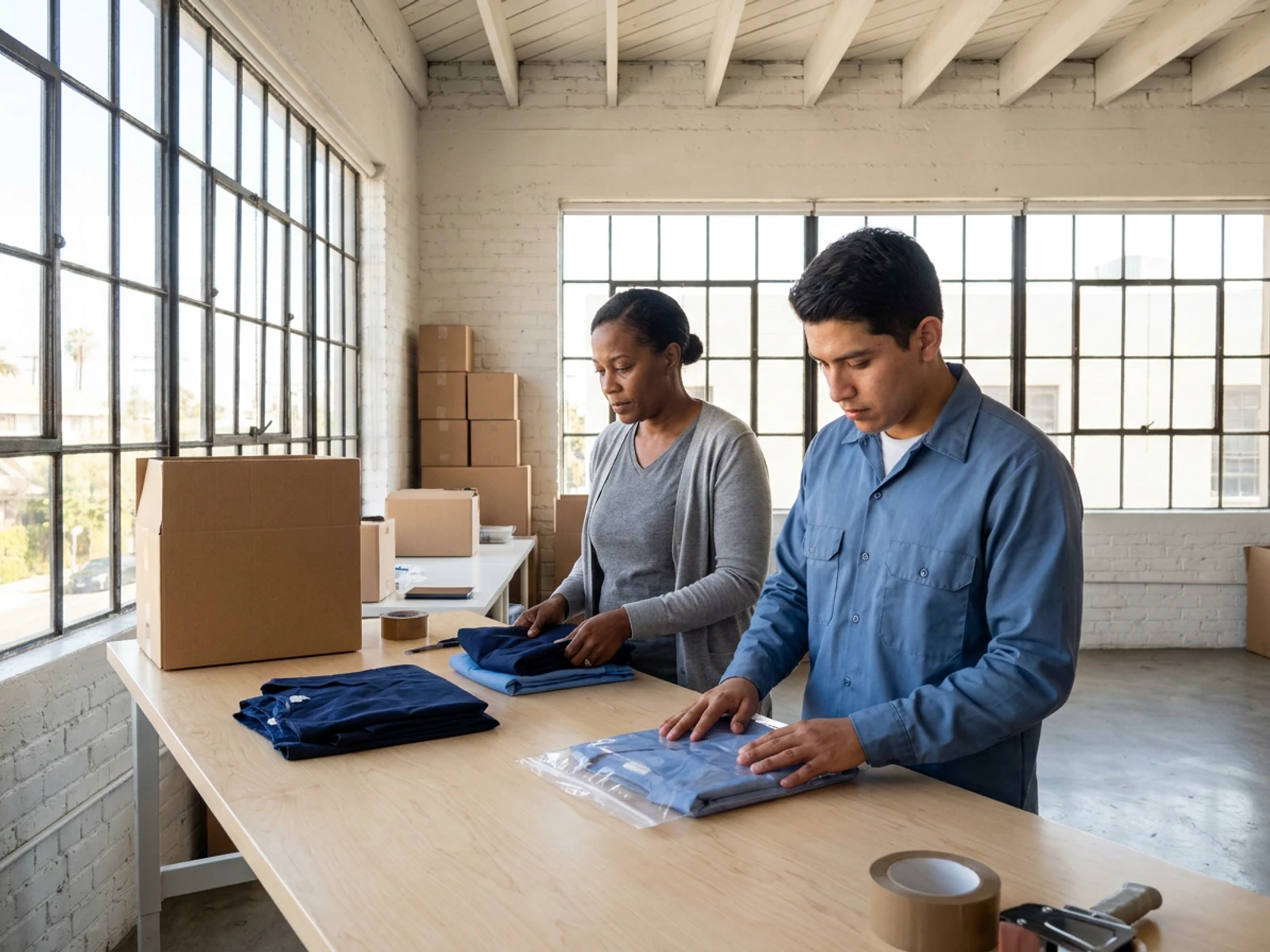 Workers folding finished navy and ceil blue scrub tops and sealing them in clear poly bags for wholesale shipping