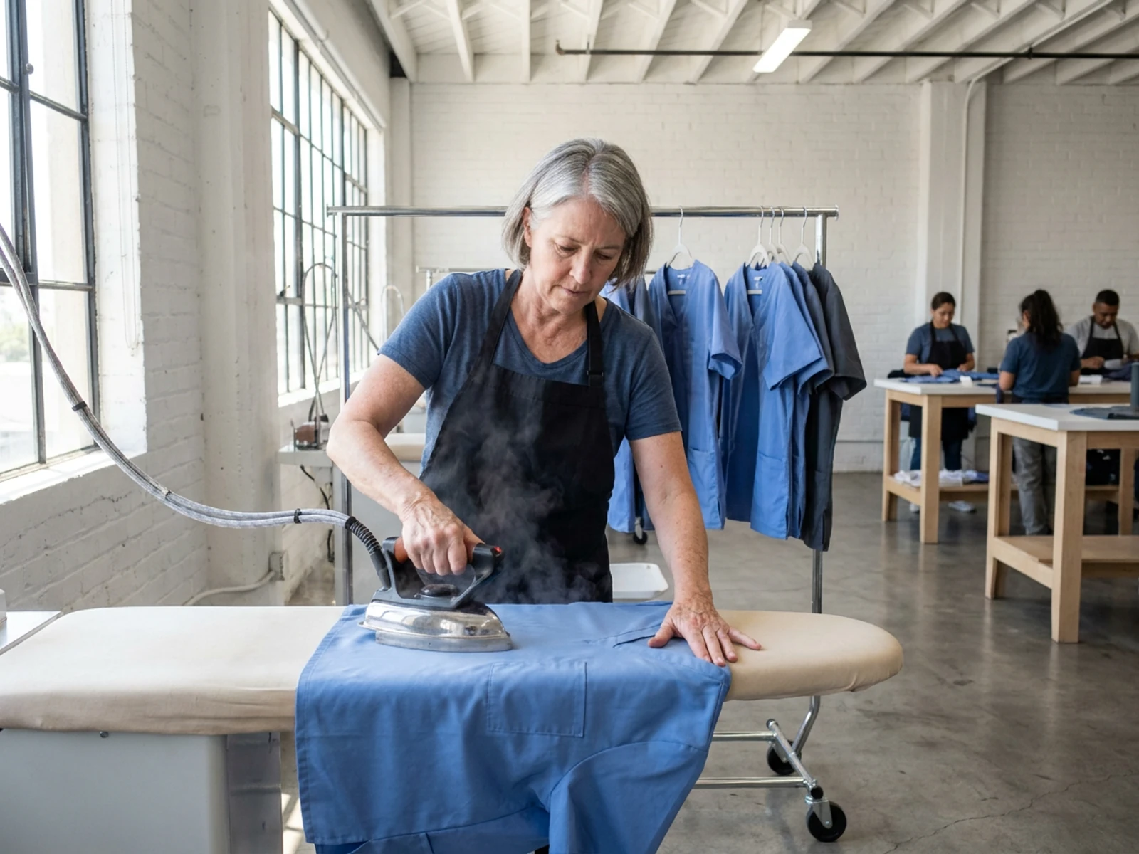 Finisher pressing a ceil blue scrub top with an industrial steam iron