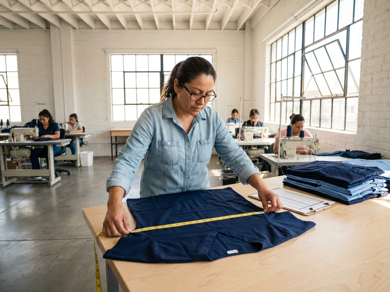 Inspector measuring the chest width of a finished navy scrub top against a spec sheet, with stacks of navy and ceil blue tops beside her