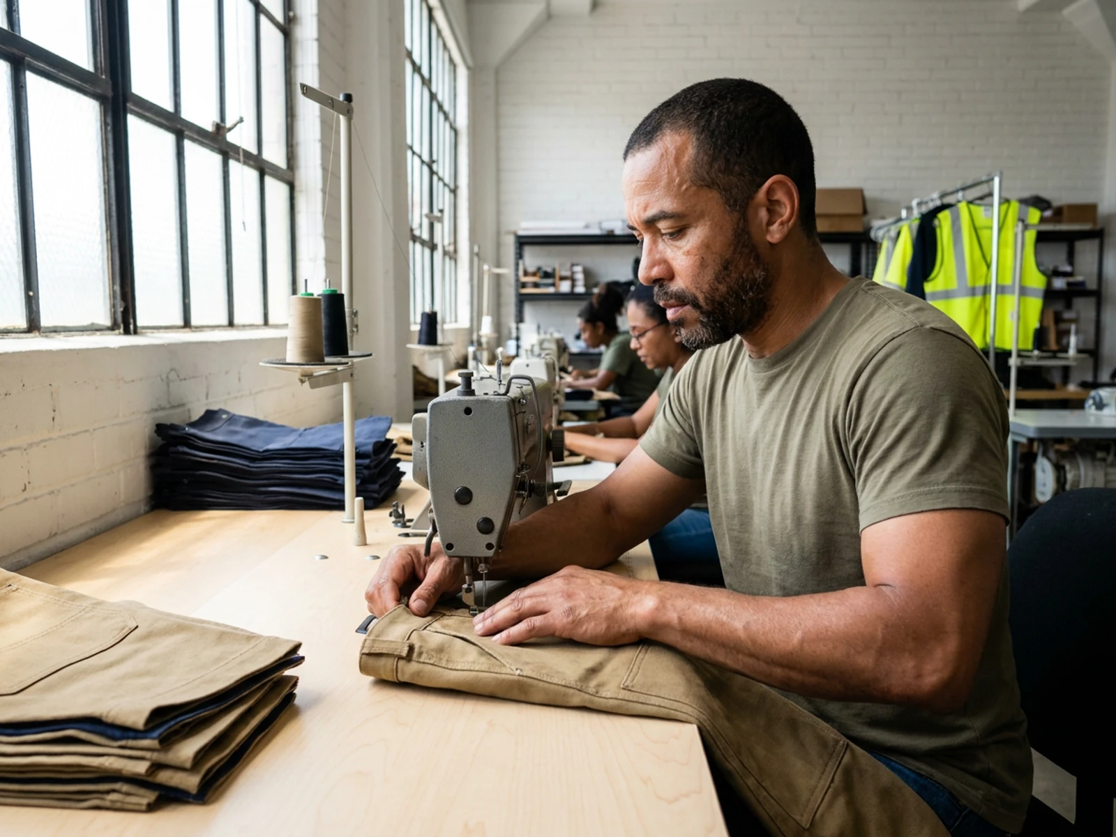 Operator sewing khaki canvas work pants on a heavy-duty industrial sewing machine