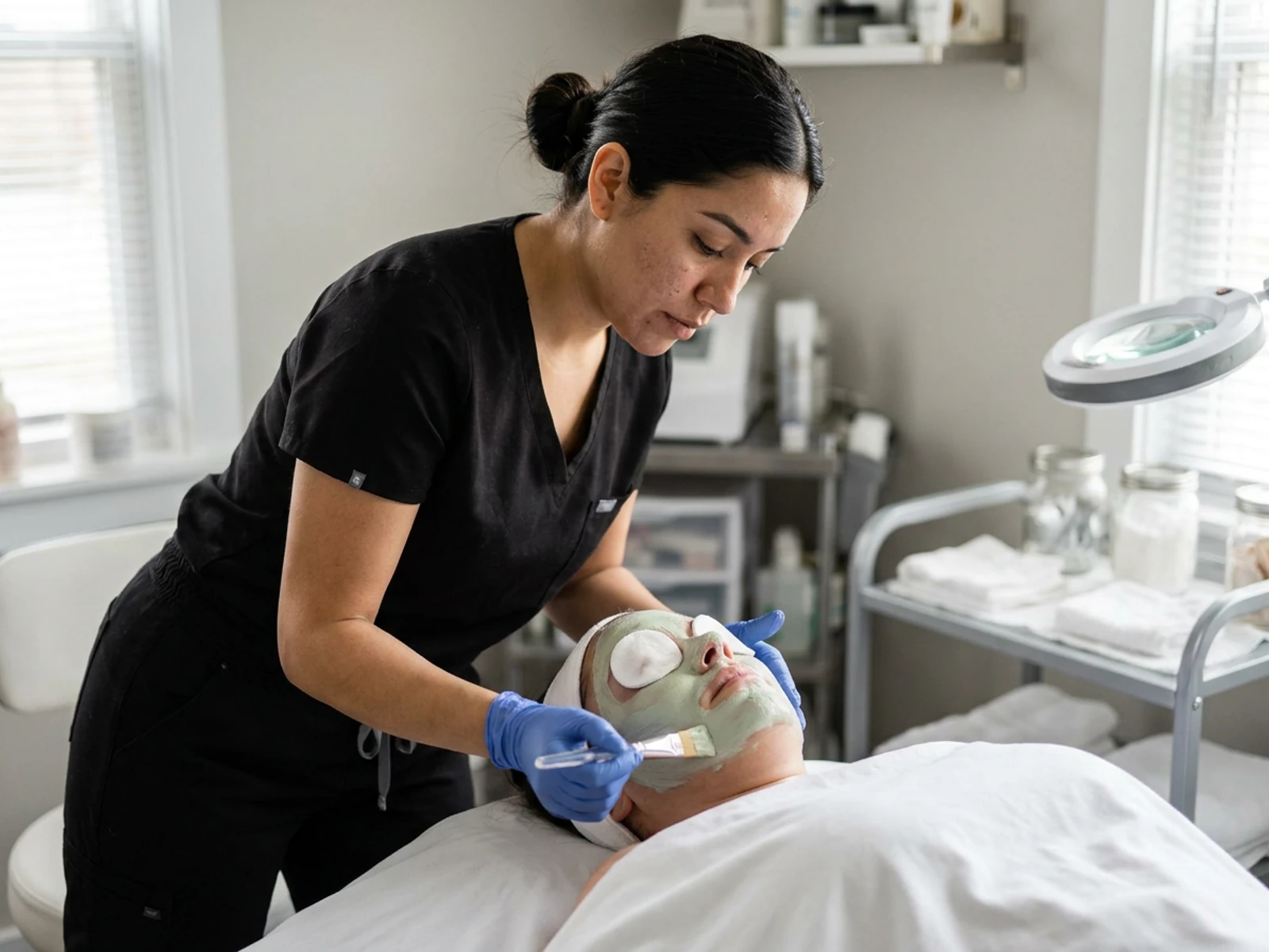 Esthetician in a black fitted scrub top and jogger pants applying a facial mask to a client in a med spa treatment room