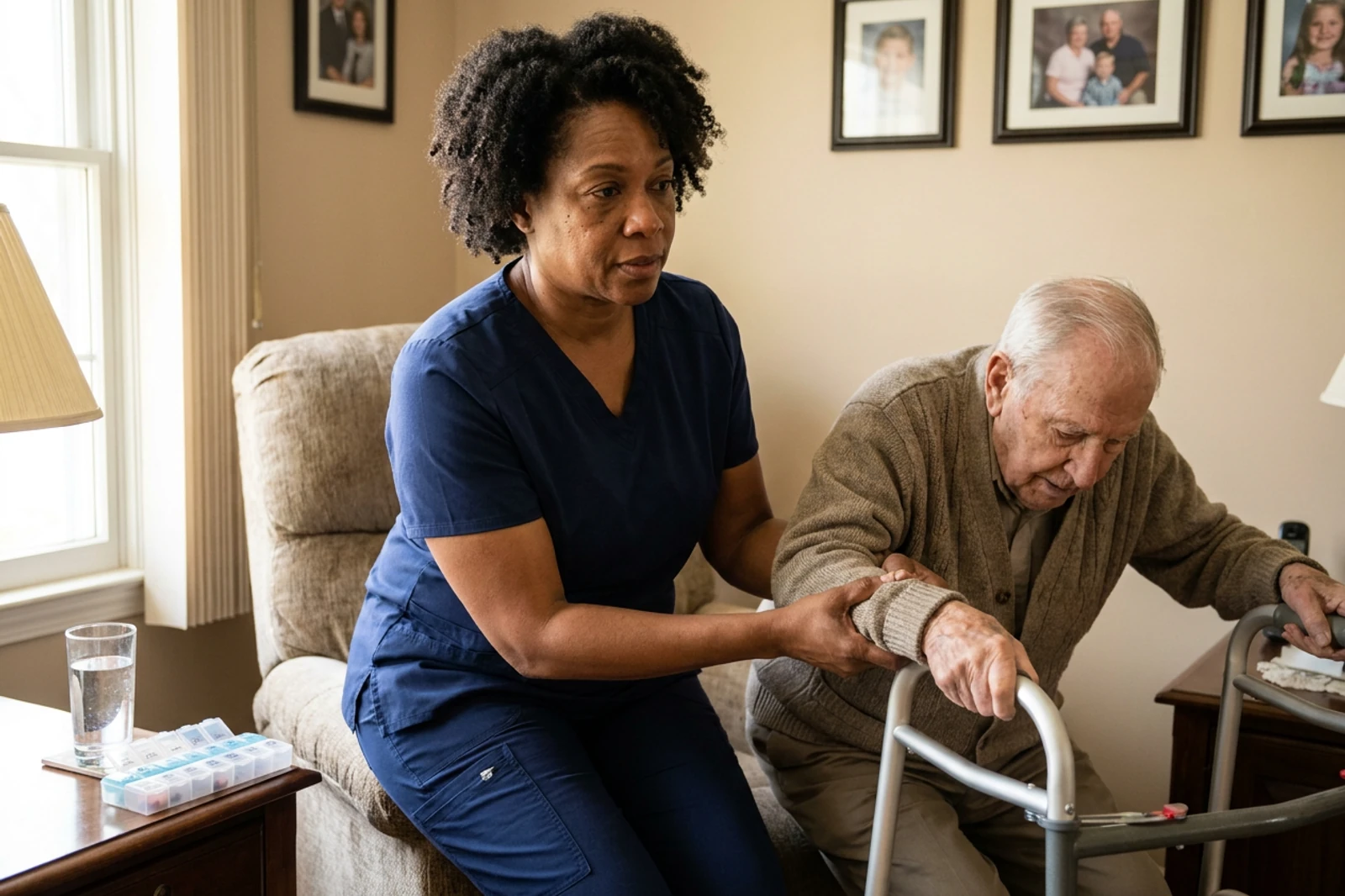 Home health aide in navy caregiver scrubs helping an older man stand from his armchair to his walker in his living room