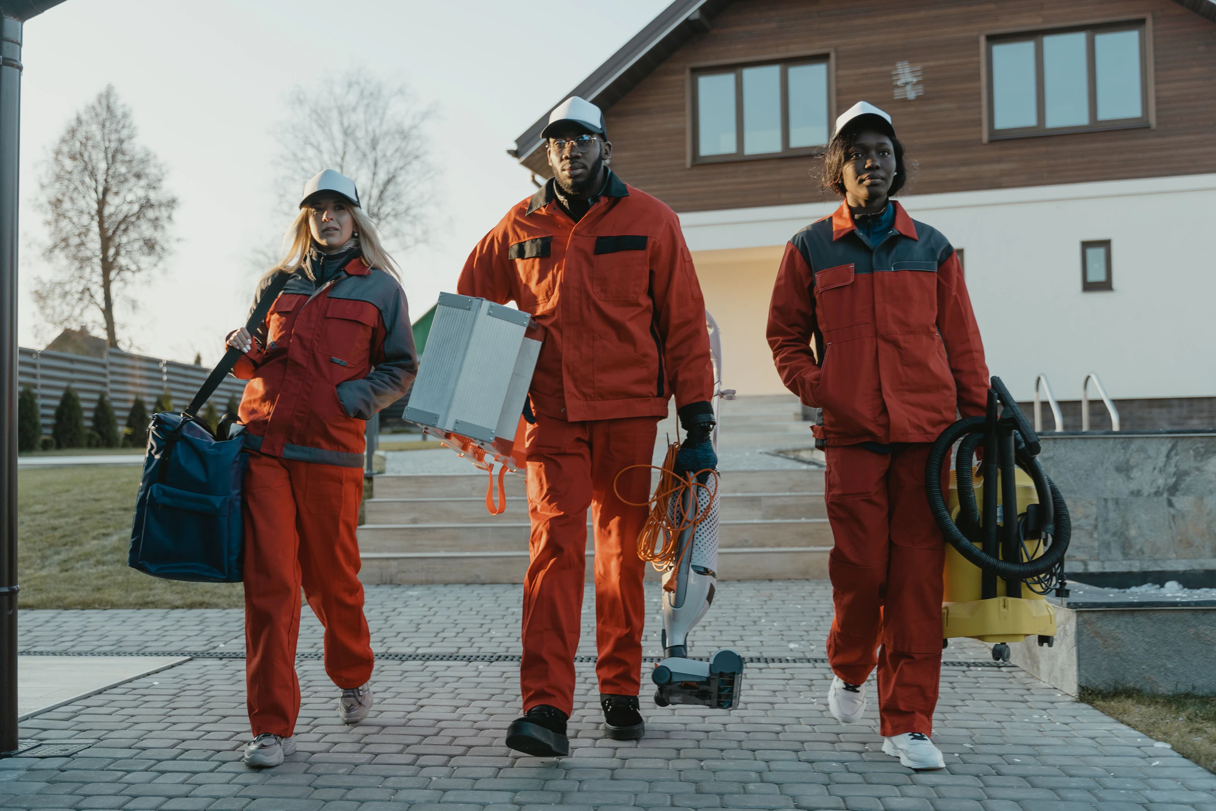 Three cleaning crew members in orange and red work uniforms walking with cleaning equipment