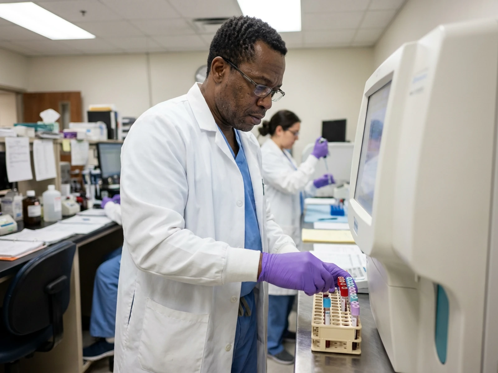 Clinical laboratory technologist in a white knee-length lab coat over ceil blue scrubs loading blood sample tubes into a rack beside an analyzer