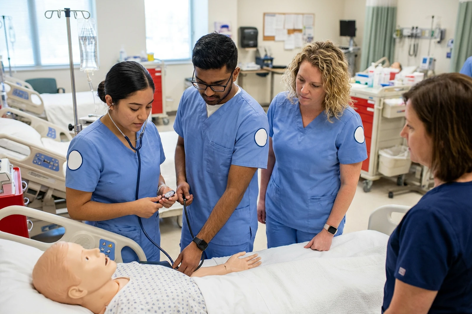 Nursing students in matching ceil blue scrubs with sleeve patches taking a blood pressure reading on a training manikin while an instructor watches