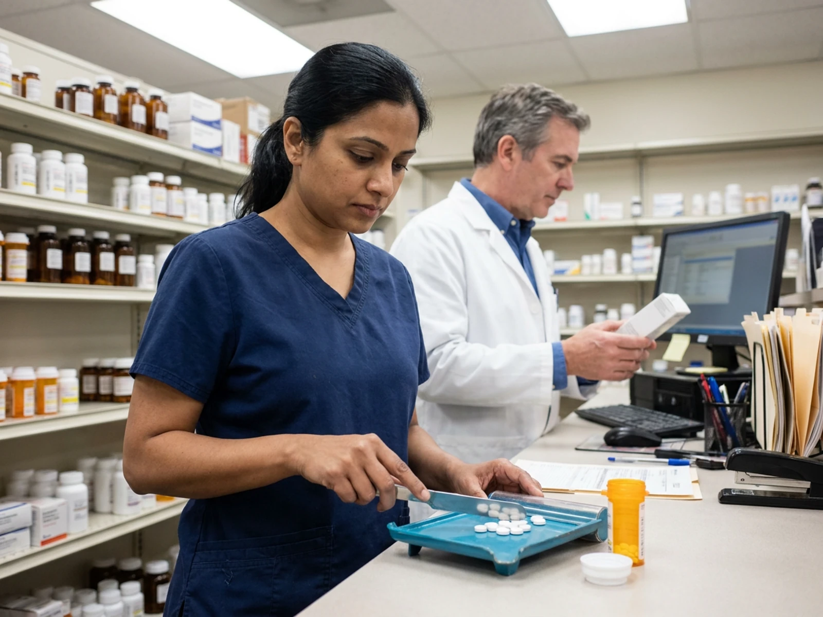 Pharmacy technician in navy scrubs counting tablets on a counting tray while a pharmacist in a white consultation lab coat checks a prescription