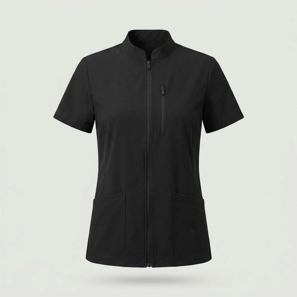 Black zip-front scrub top with stand collar and zip chest pocket