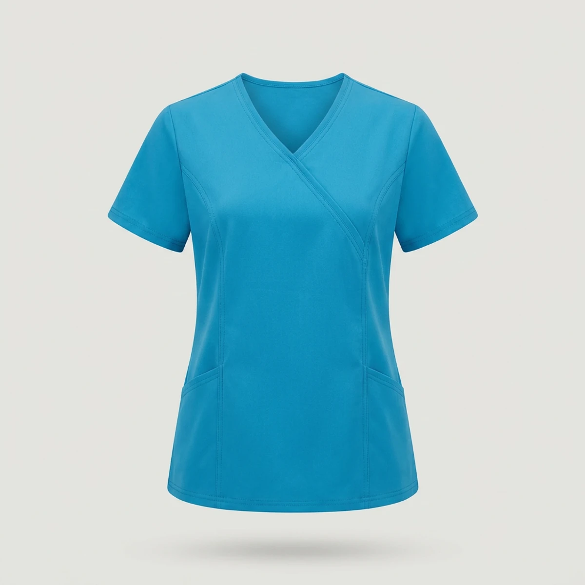 Caribbean blue mock wrap scrub top in matte stretch fabric with angled pockets