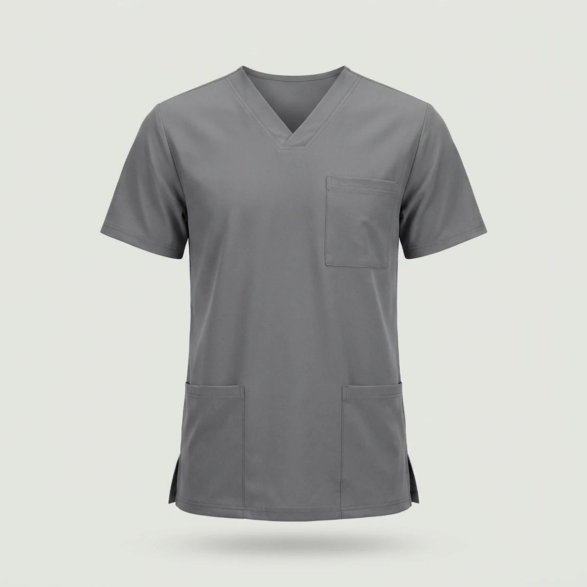 Pewter grey men's V-neck scrub top with three pockets and side vents