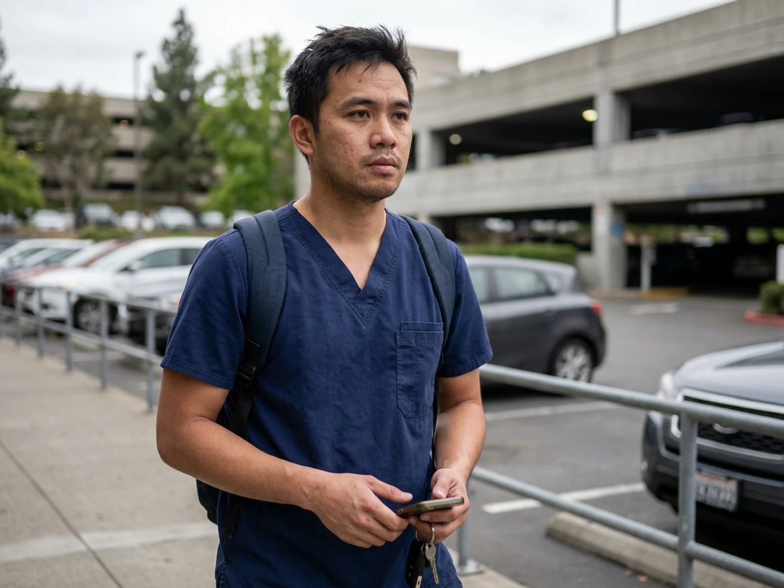 Nurse in a navy V-neck scrub top walking to a hospital parking garage after shift
