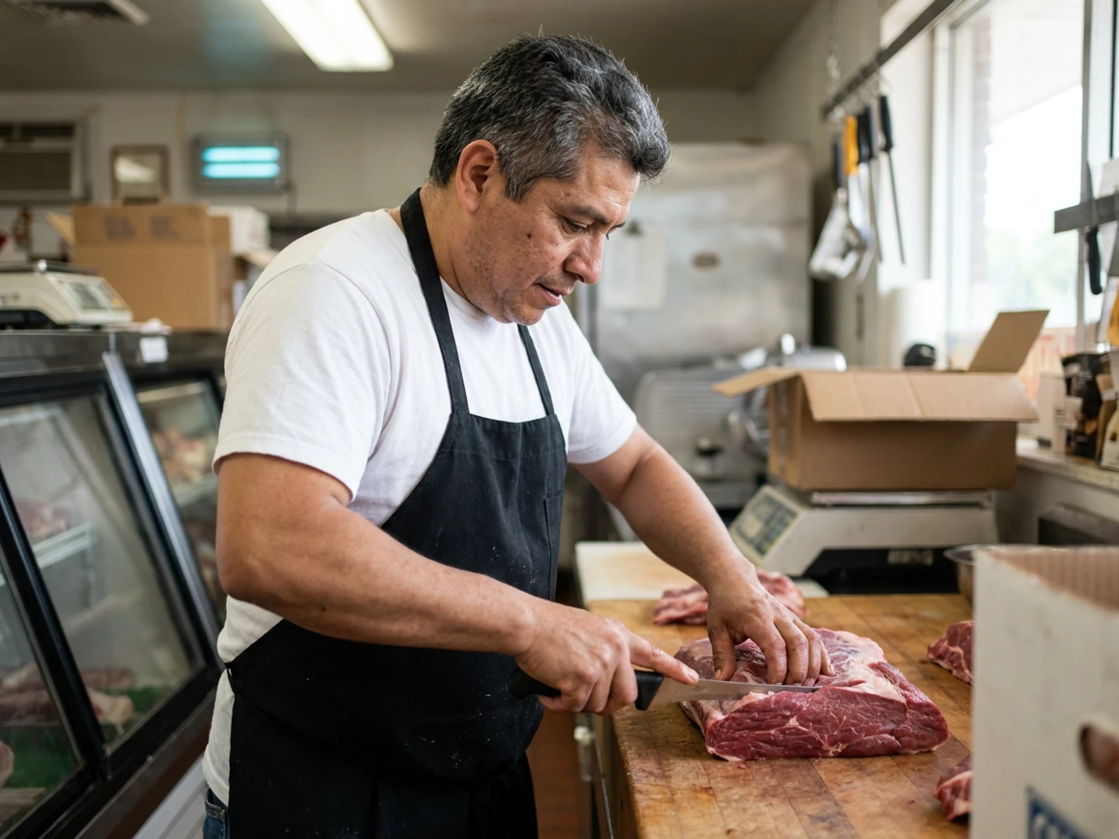 Butcher in a black bib apron trimming meat at a butcher shop counter