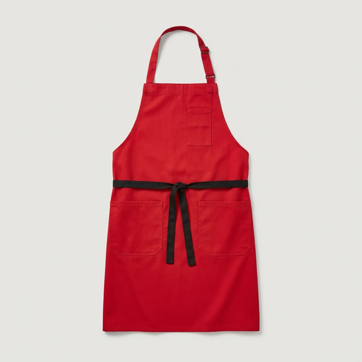 Red bib apron with pen pocket and contrast black ties