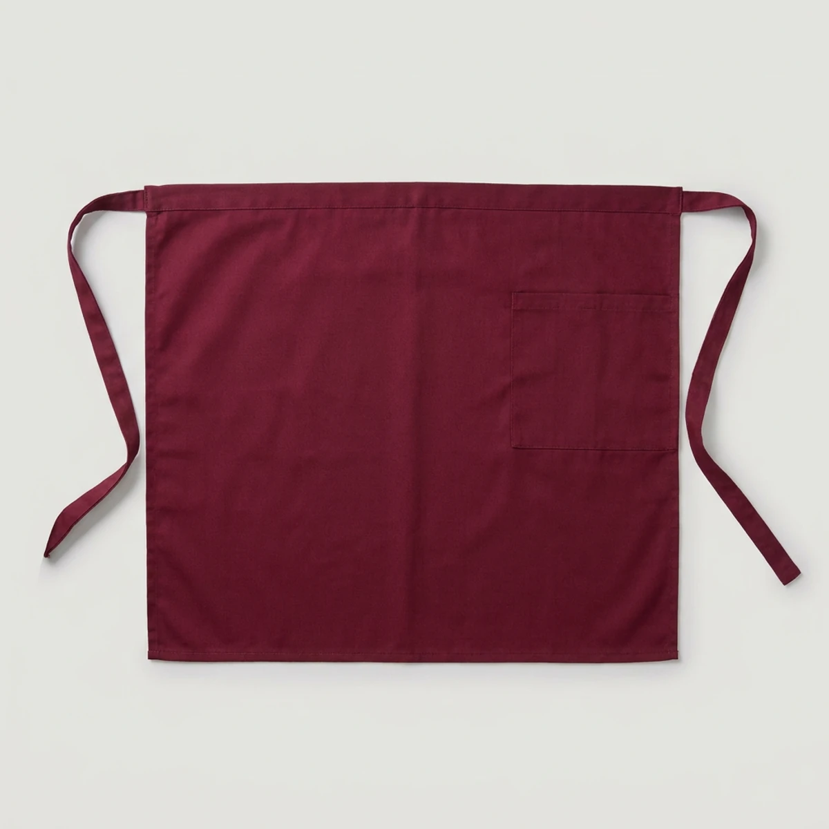 Burgundy long bistro apron reaching mid-calf with side pocket