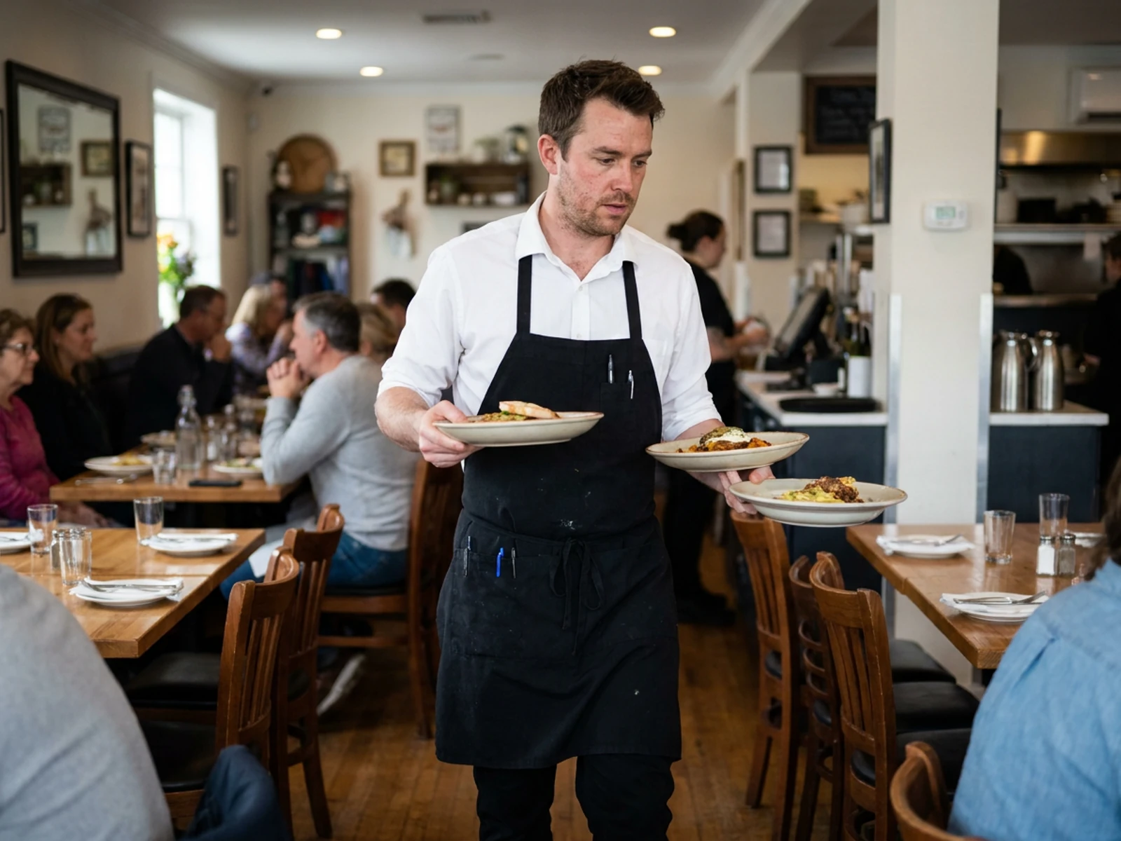 Server in a black short waist apron carrying plates through a restaurant dining room
