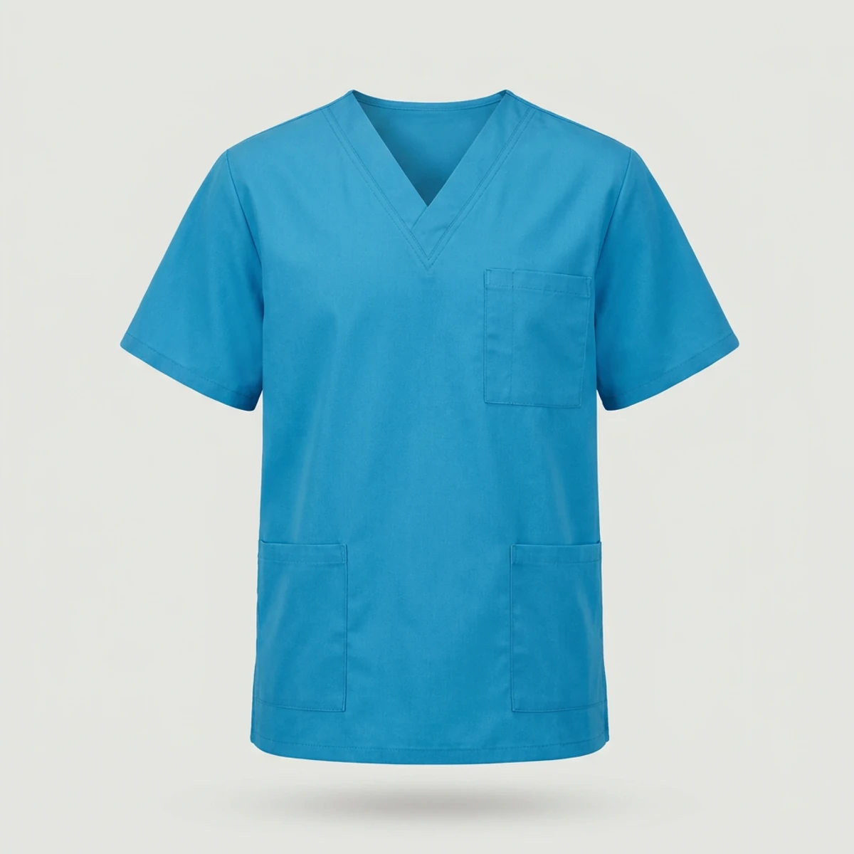 Plain caribbean blue V-neck scrub top with no branding, ready for private label