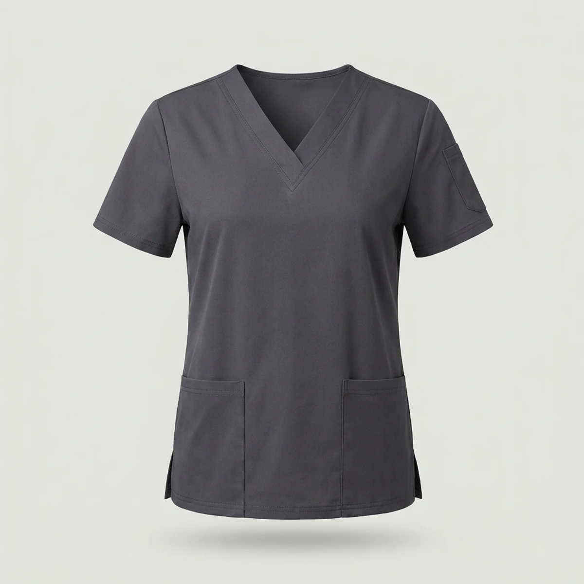 Plain charcoal grey V-neck scrub top with sleeve pocket, undecorated