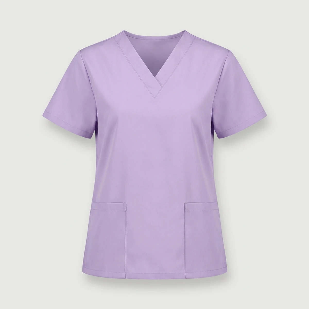 Plain lavender V-neck scrub top with patch pockets, undecorated for branding