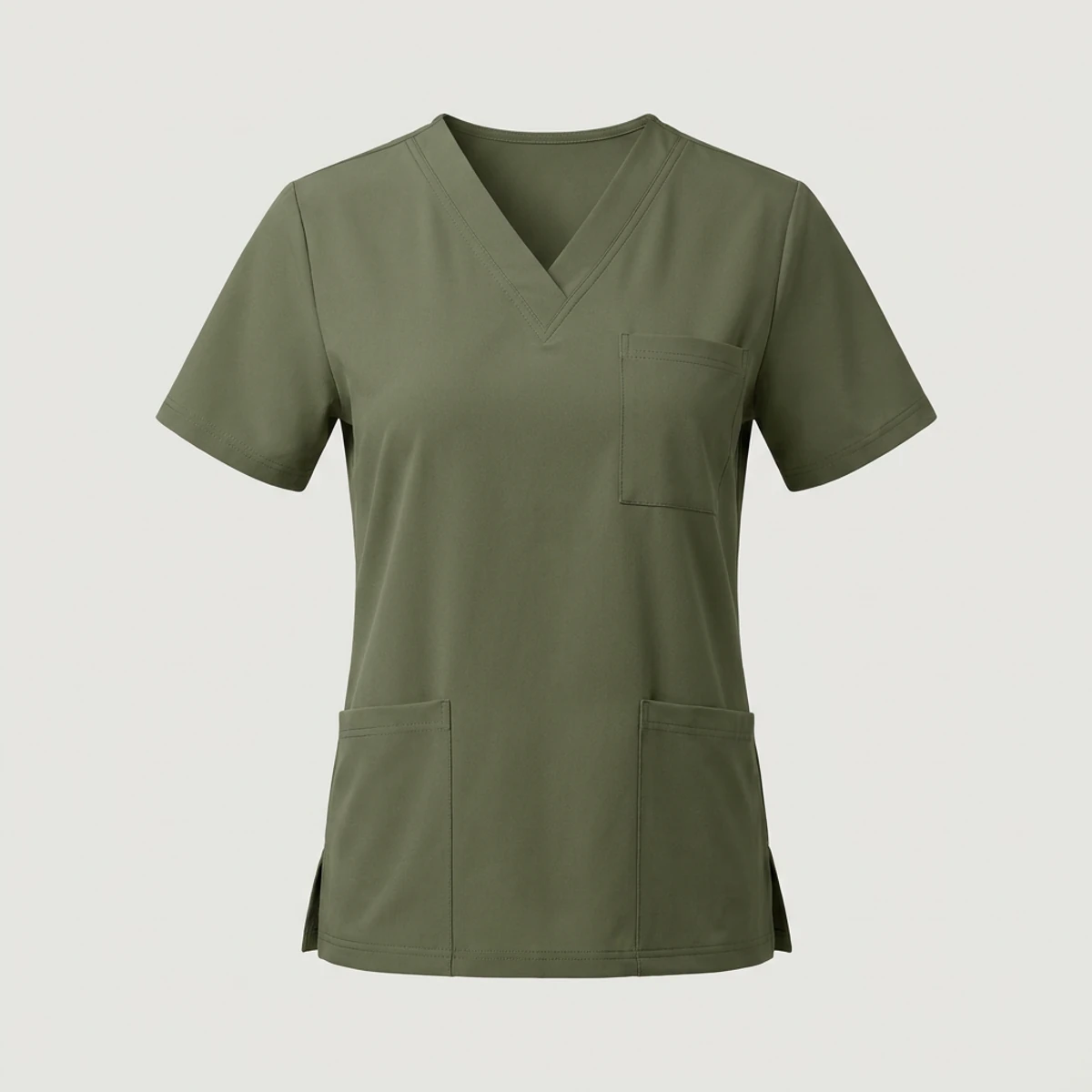 Plain olive green V-neck scrub top for wholesale with three pockets