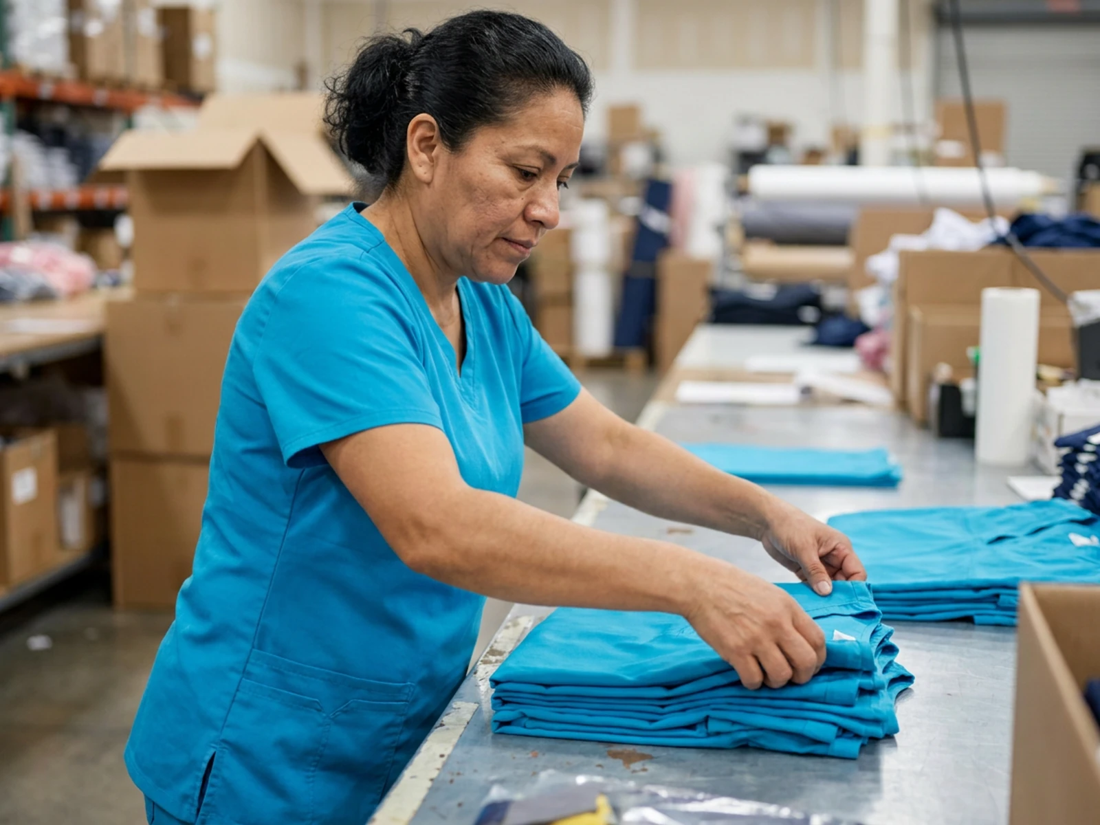 Warehouse worker folding plain caribbean blue scrub tops on a packing table