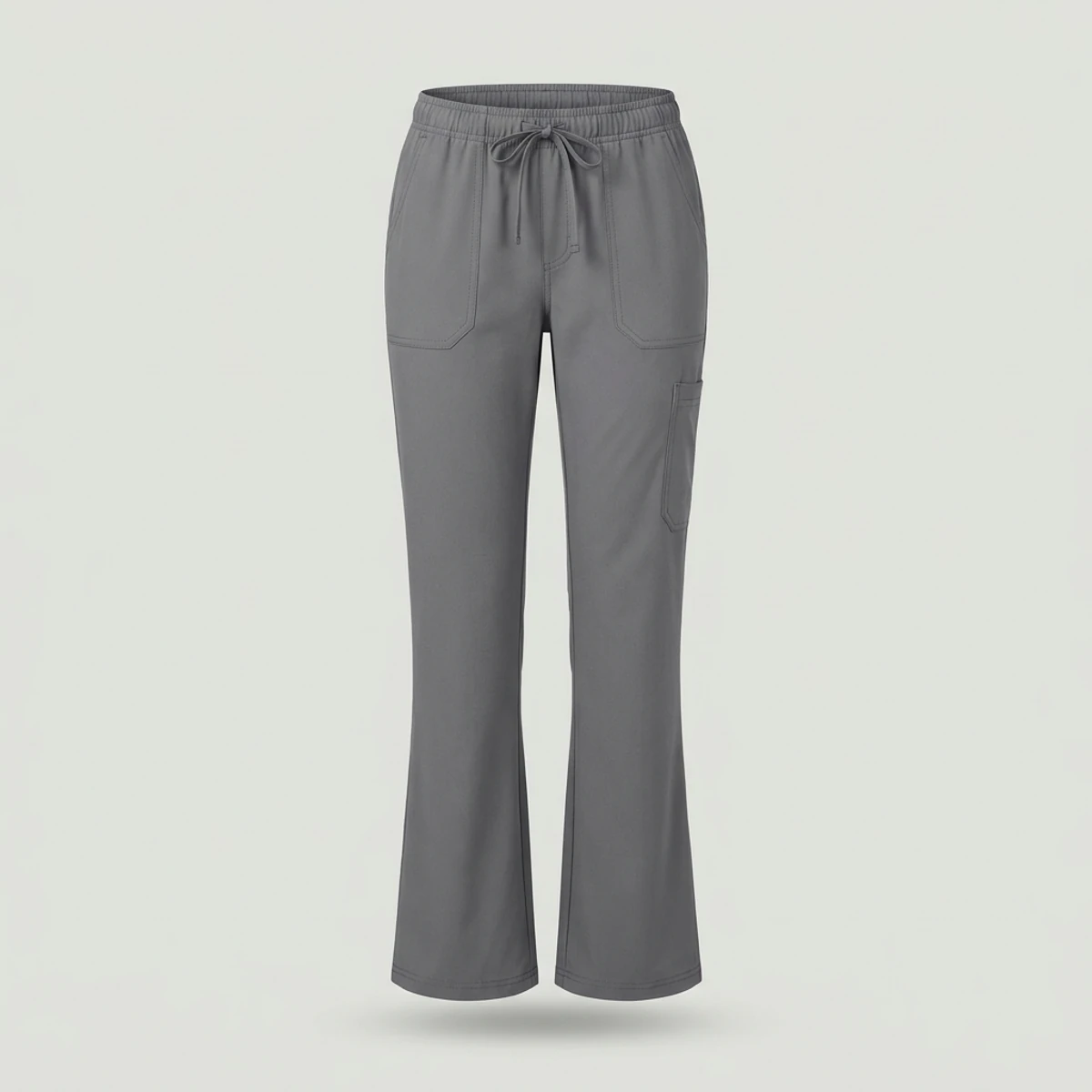 Pewter grey bootcut scrub pants flaring slightly below the knee