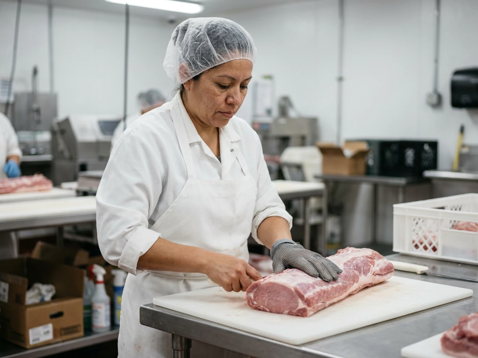 Meat cutter in a white butcher frock, bib apron and hairnet trimming a pork loin at a stainless steel cutting table
