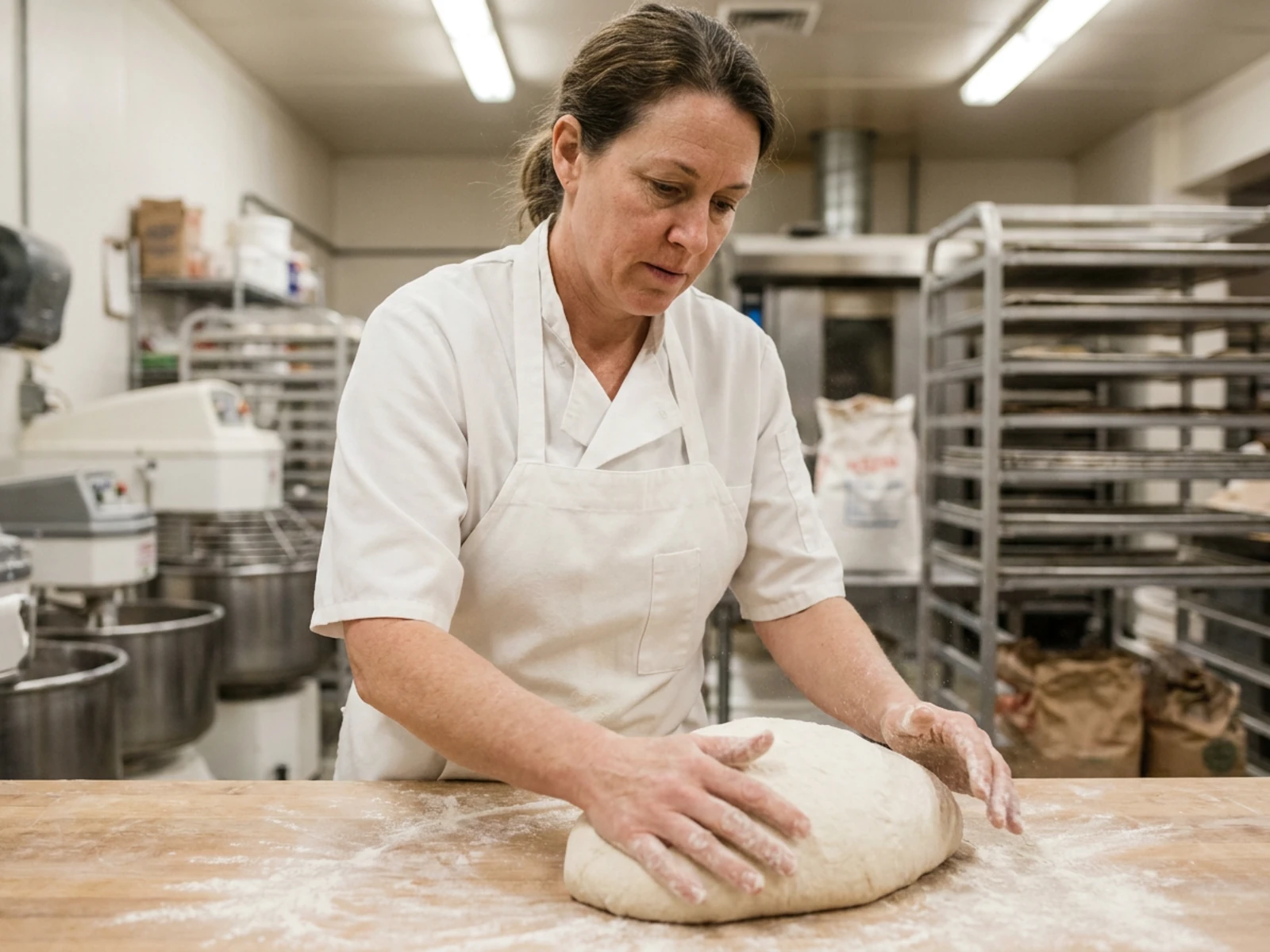 Baker in a white kitchen bib apron shaping dough at a bakery bench