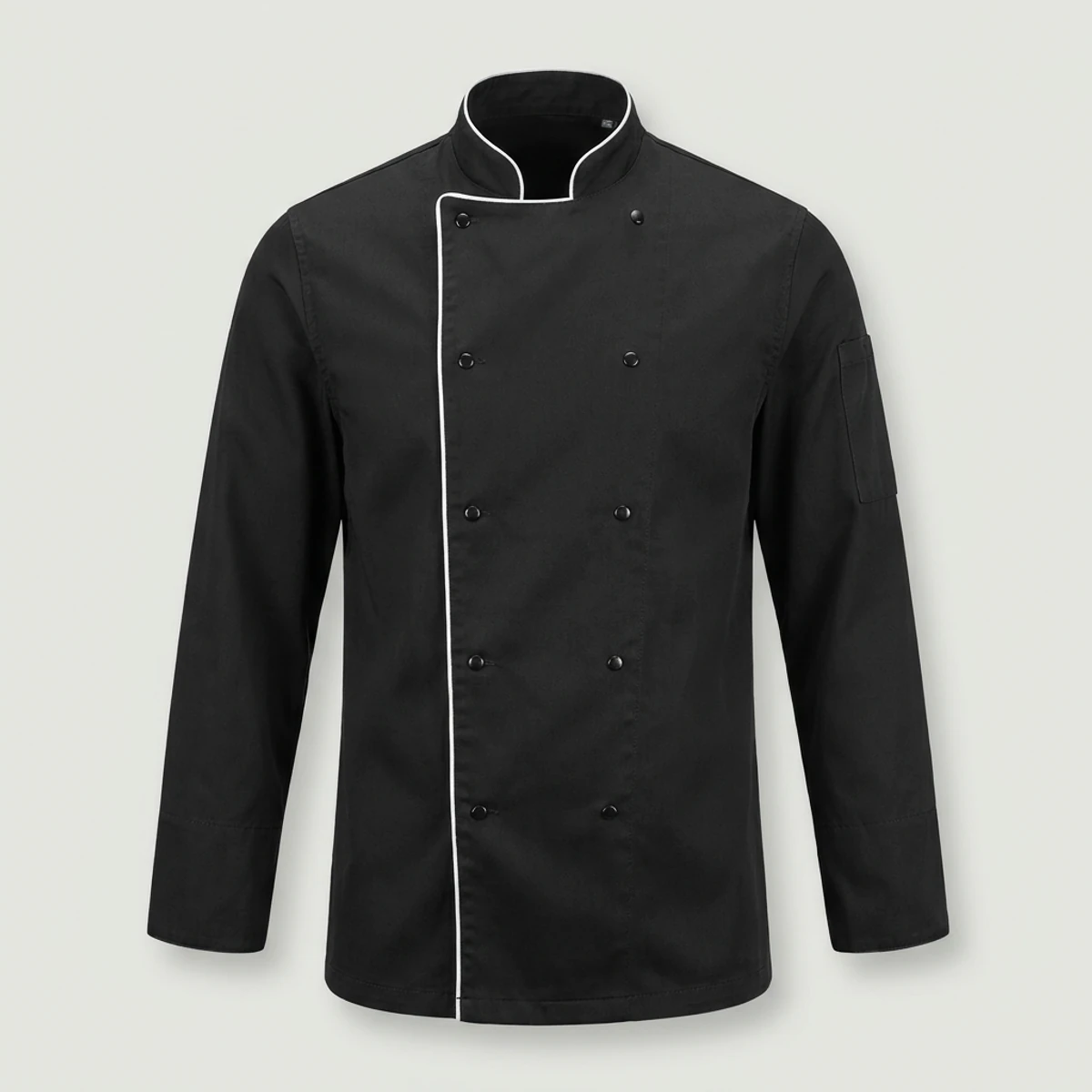 Black double-breasted chef coat with white piping on collar and placket