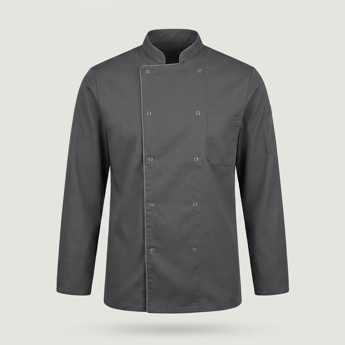 Charcoal grey double-breasted chef coat with tonal piping and snap closures
