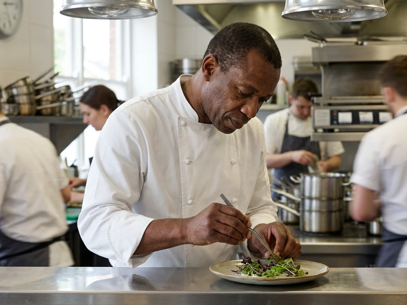 Executive chef in a white double-breasted chef coat plating a dish at a restaurant pass