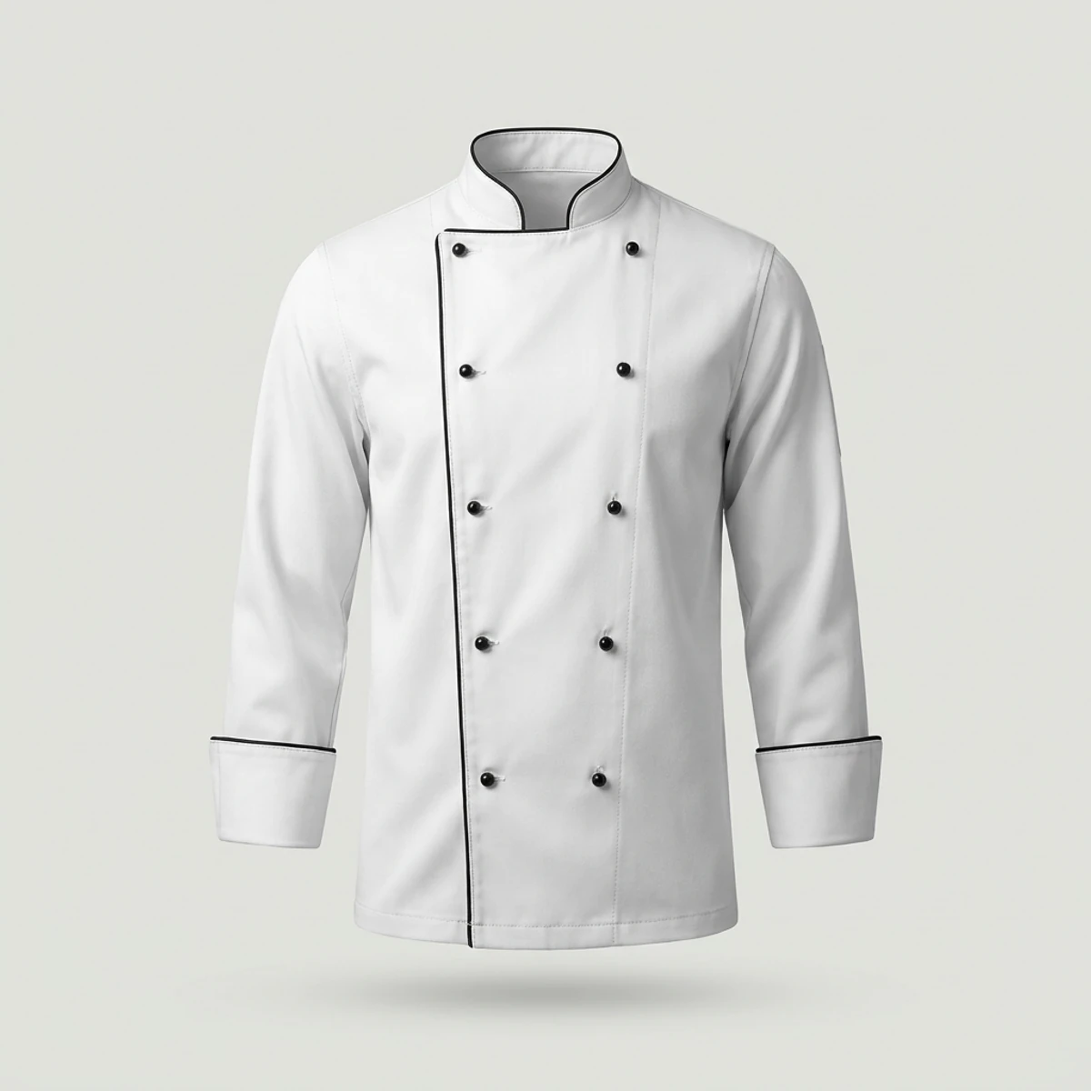 White double-breasted chef coat with black piping and black stud buttons