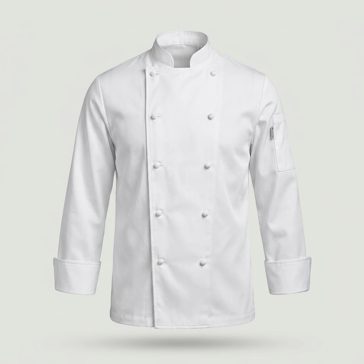 White double-breasted executive chef coat with cloth knot buttons and long sleeves