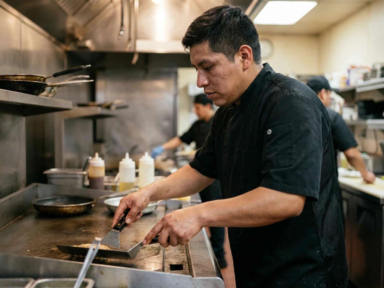 Line cook in a black short-sleeve chef coat flipping food on a grill during service