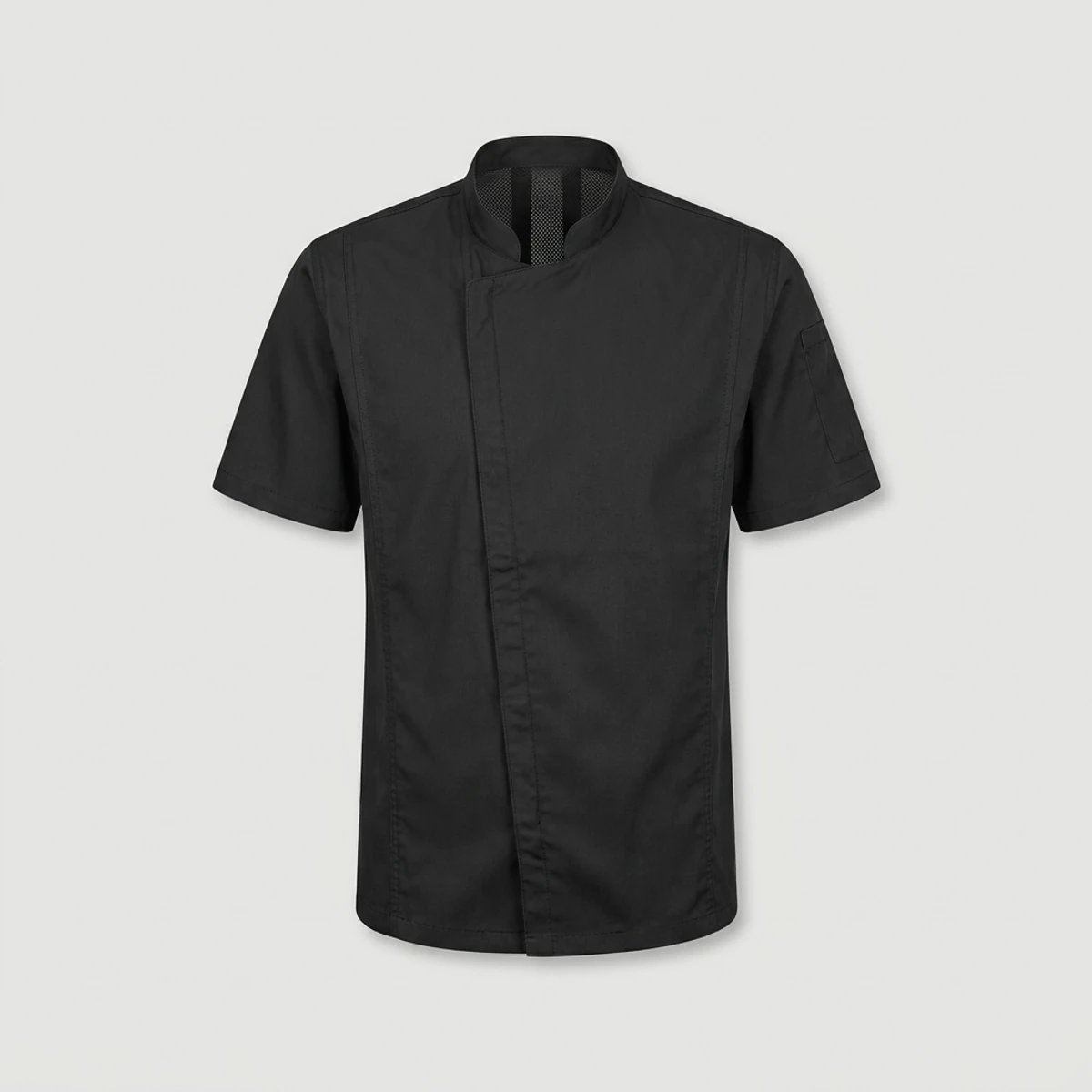 Black short-sleeve chef coat with mesh back vent and snap front