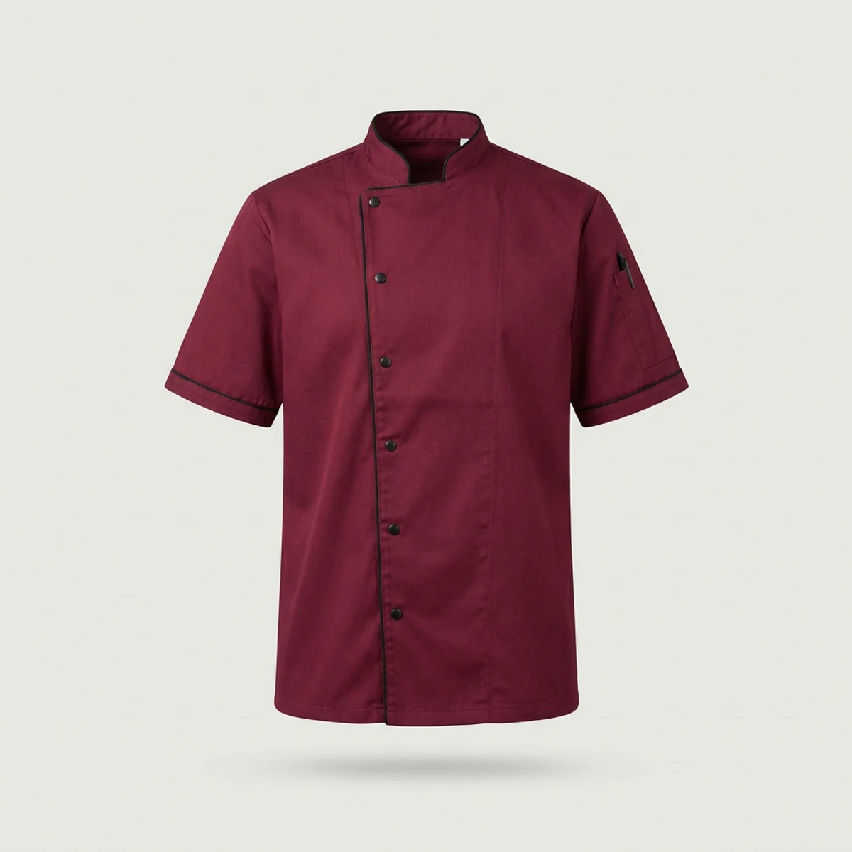 Burgundy short-sleeve chef coat with black piping and button front