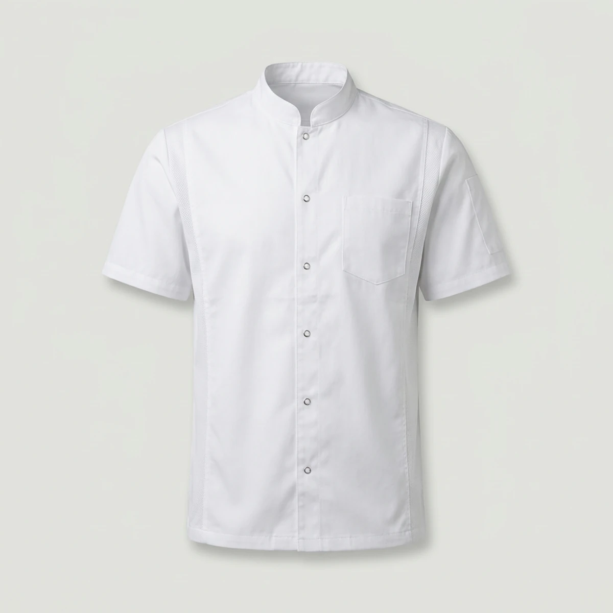 White short-sleeve cook shirt with mesh underarm panels and snap front
