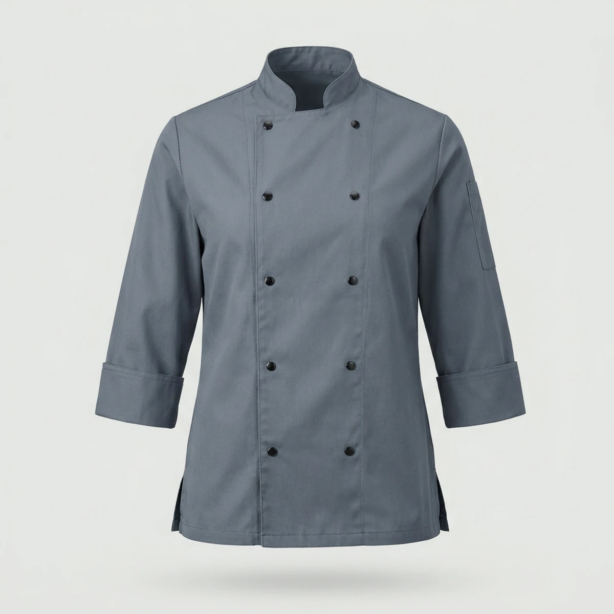 Grey three-quarter sleeve chef coat with double-breasted front and side vents
