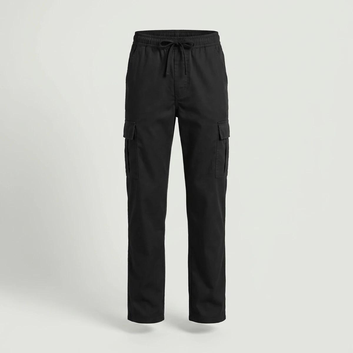 Black cargo chef pants with thigh pockets and elastic waist