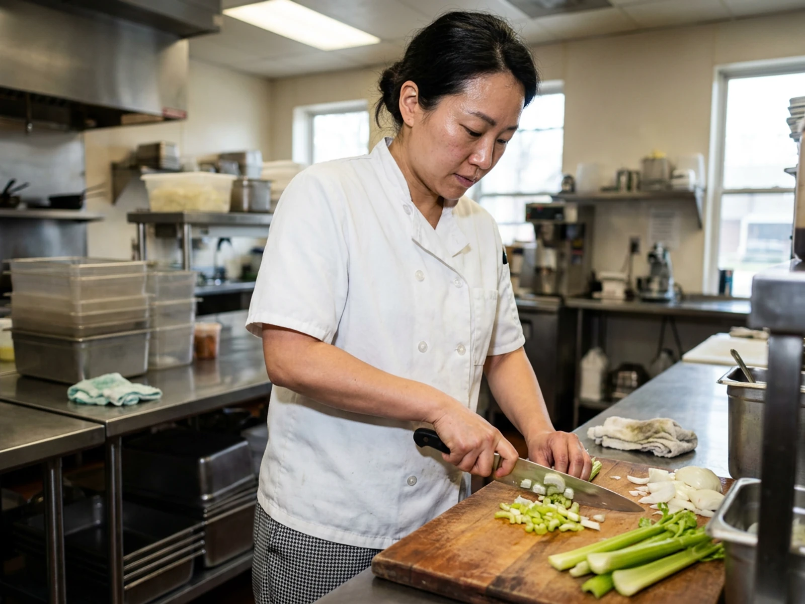 Prep cook in houndstooth chef pants chopping vegetables at a prep station