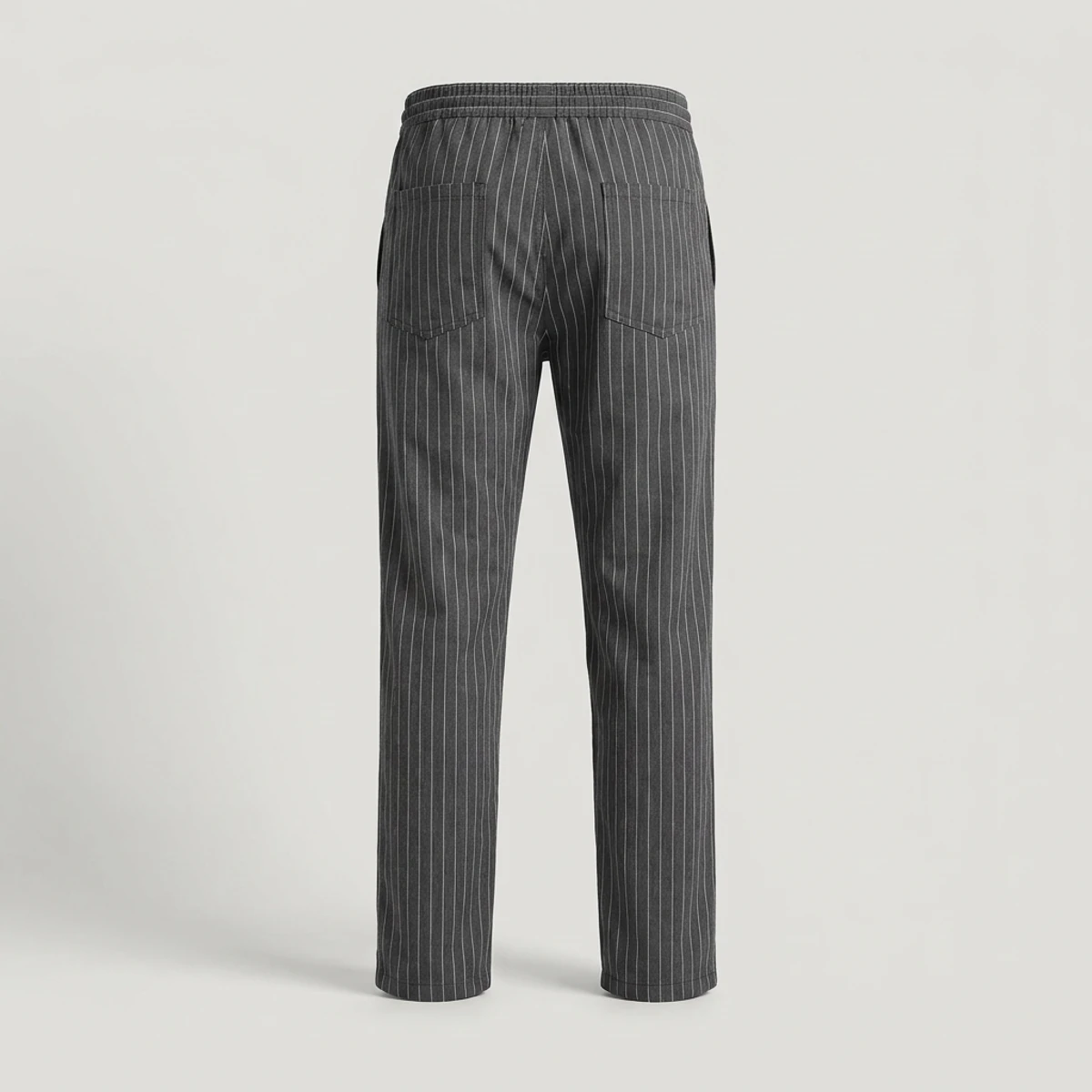 Charcoal pinstripe chef pants with relaxed fit and drawstring
