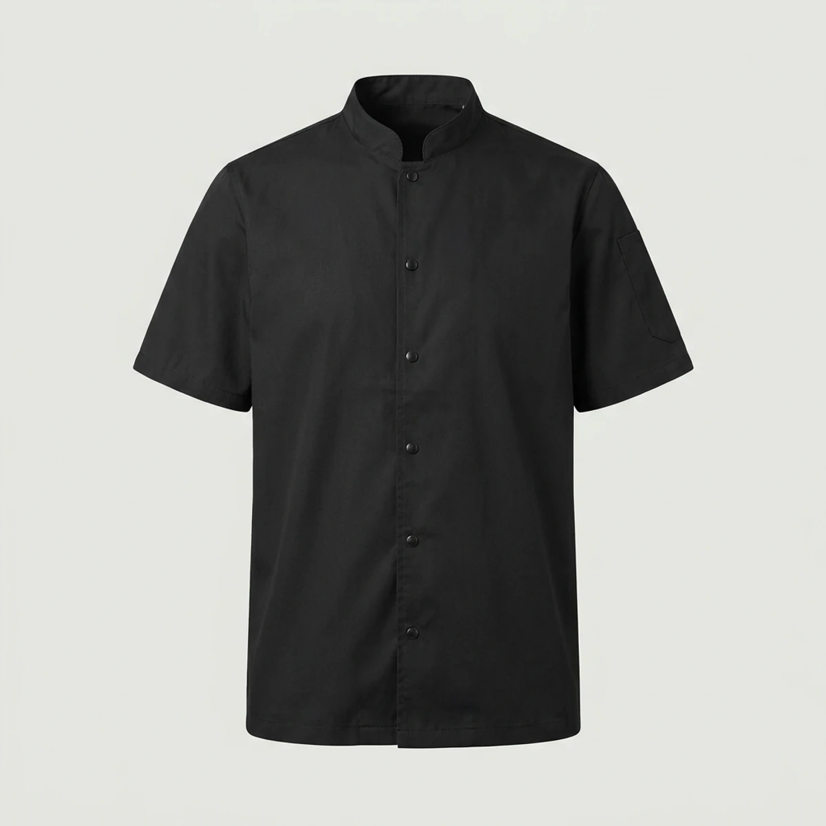 Black short-sleeve chef shirt with stand collar, snap front and sleeve pen pocket