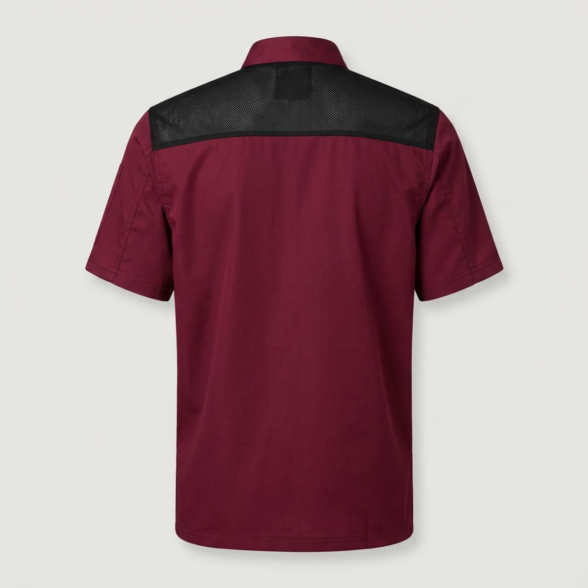 Burgundy short-sleeve chef shirt with a breathable black mesh back panel
