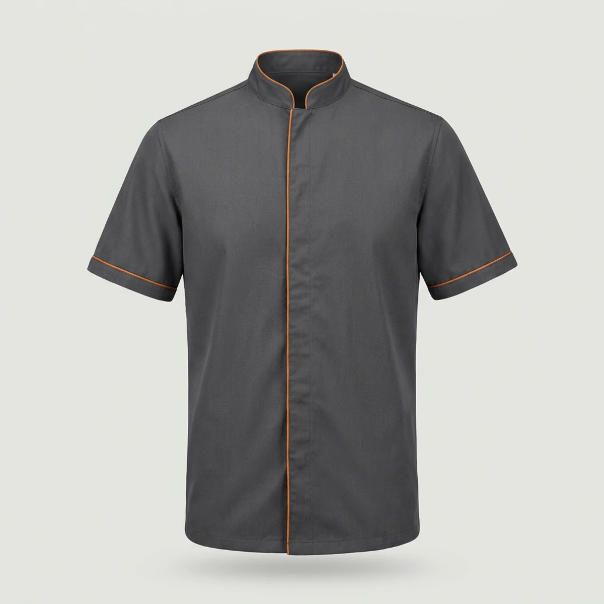 Charcoal short-sleeve chef shirt with orange contrast piping on collar and placket