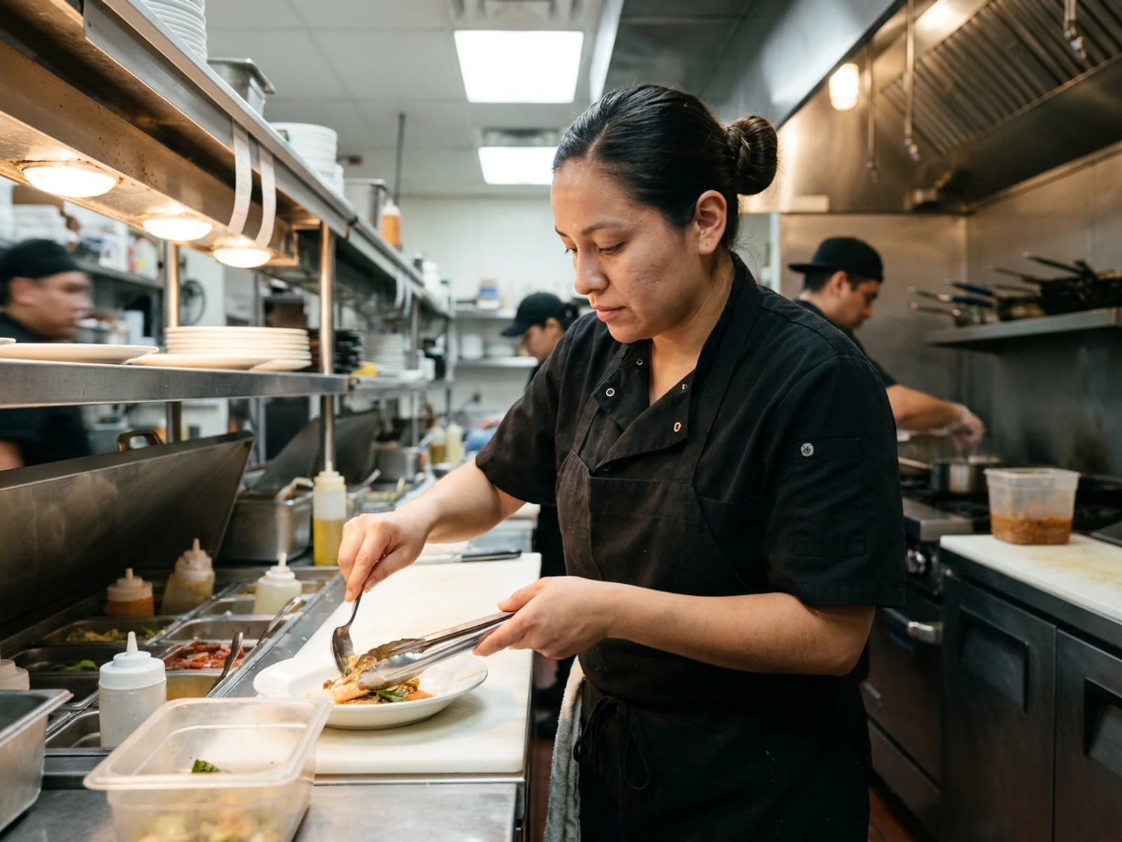 Line cook in a black short-sleeve snap-front chef shirt plating food at a busy restaurant pass