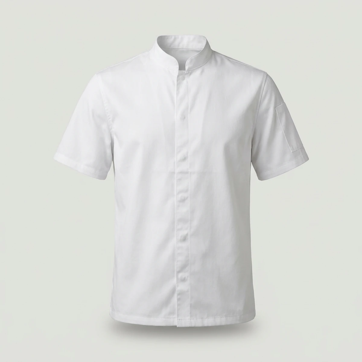 White short-sleeve chef shirt with stand collar and white snap front