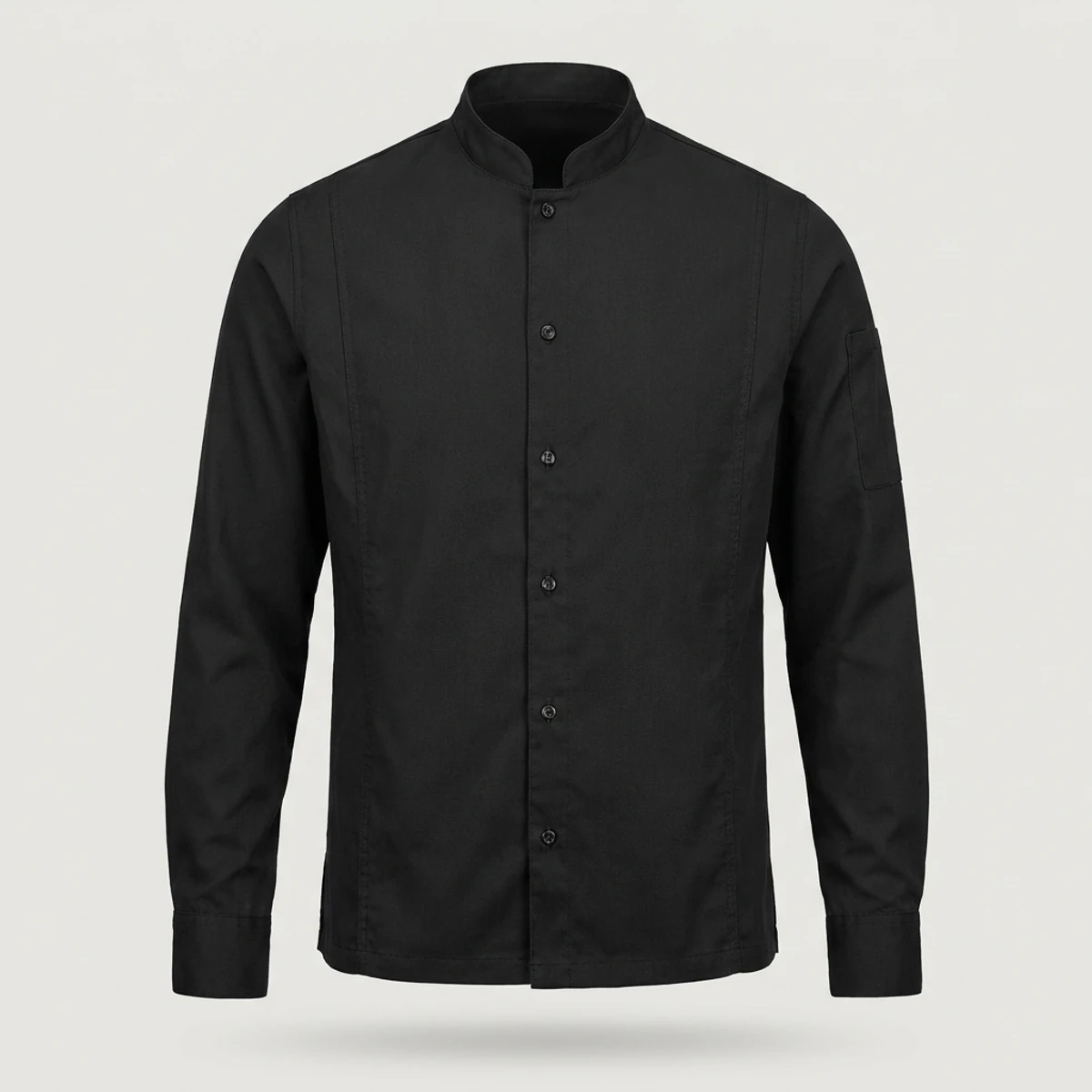 Black long-sleeve button-front chef shirt with stand collar and sleeve thermometer pocket