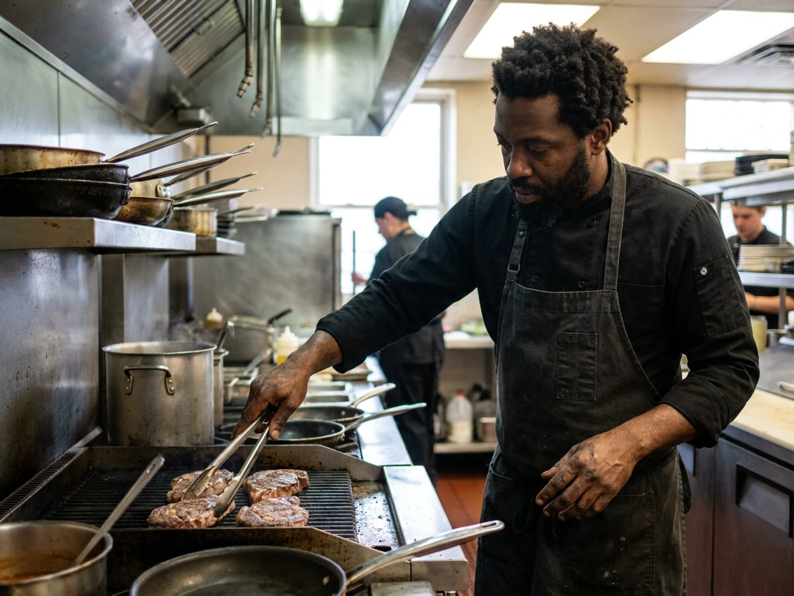 Grill cook in a black long-sleeve chef shirt turning steaks over an open flame grill