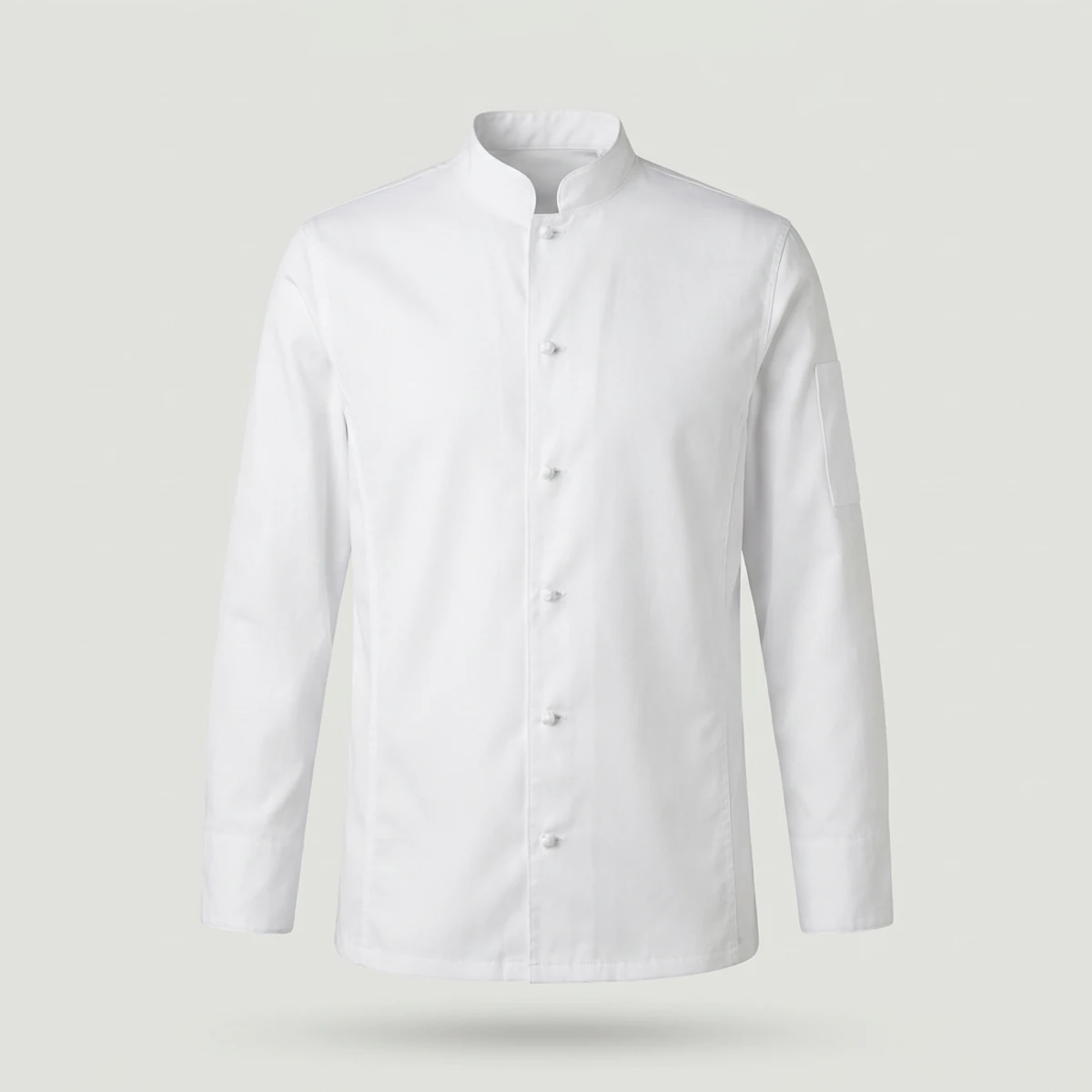 White long-sleeve chef shirt with cloth knot buttons and stand collar