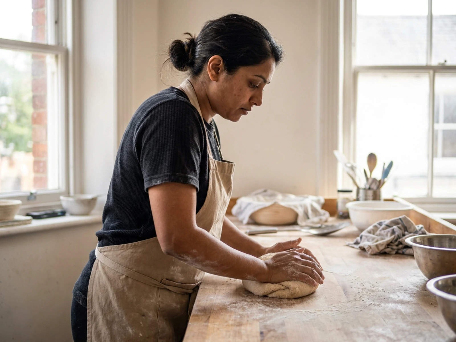 Baker in a black knit chef tee and apron shaping bread dough on a floured bakery counter